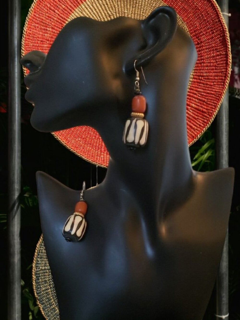 Ethnic Dark Brown, Cream & Burnt Orange Drop Pierced Earrings  ✨Size: 2.5"✨